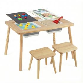 All-in-One Kids Activity Table And Chairs Set, Pine Wood Sensory Table With Foldable Storage Bins, Chalkboard & Whiteboard For Ages 3+ (Option: Defaulttitle)